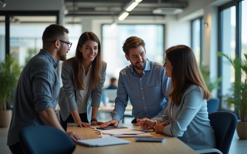 Diverse Gruppe von Fachleuten, die in einem modernen Büro zusammenarbeiten, symbolisiert Teamwork.