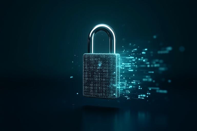 Vorhängeschloss mit binärem Code-Overlay, das Datensicherheit und Compliance symbolisiert.