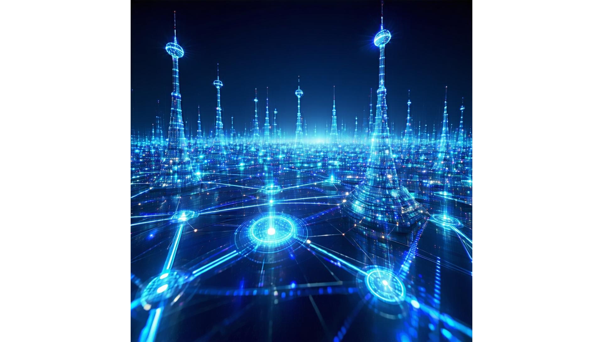 Modernes 5G-Netzwerk mit futuristischer Architektur und Lichtern, symbolisiert schnelle Konnektivität.